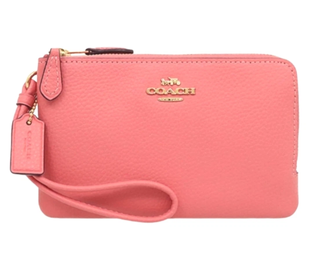 COACH Double Zip Wallet In Pebble Leather in Pink