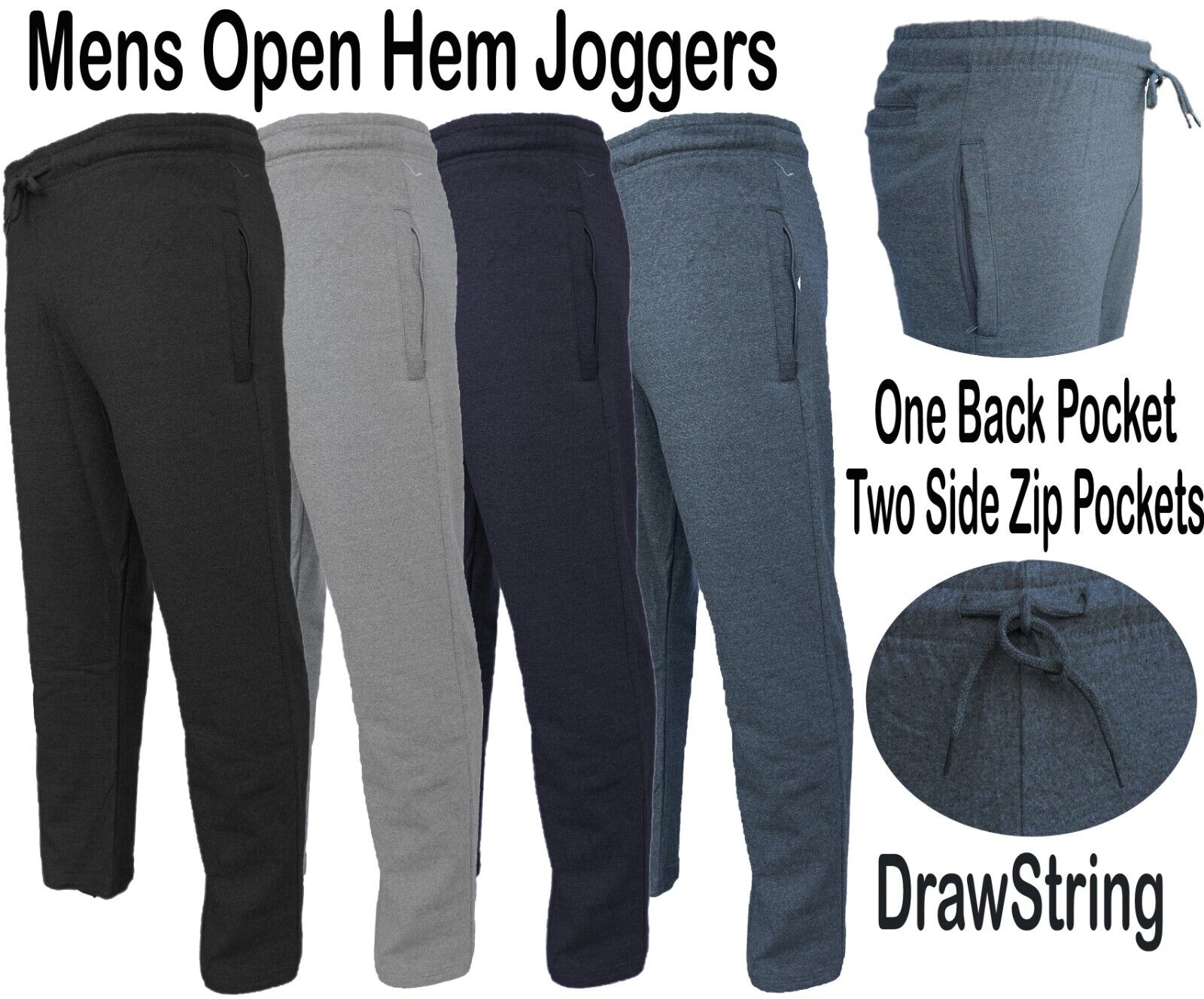 Mens Plain Fleece Jogging Bottoms Zip Pockets Pants Open Hem Joggers Trouser New
