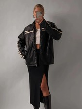 Women Vintage Motorcycle Stripped Leather Jacket, Black Jacket For Women Premium