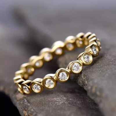 Engagement Full Eternity Band Ring Simulated Round Diamond Yellow Gold Finish