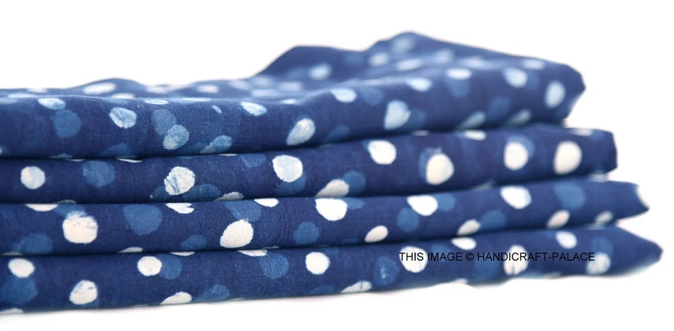 3 yard Indian hand block Print cotton Indigo Blue Polka Dot Sanganeri Fabric Art - Image 2 of 3