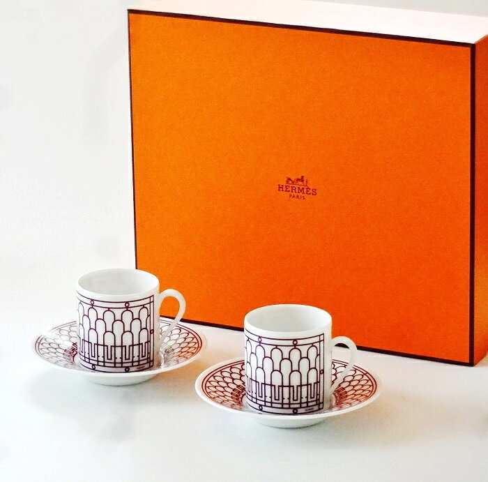 HERMES　 カップソーサ&プレート Hermes Balcon Du Guadalquivir Red Coffee Cup & Saucer Pair #11017