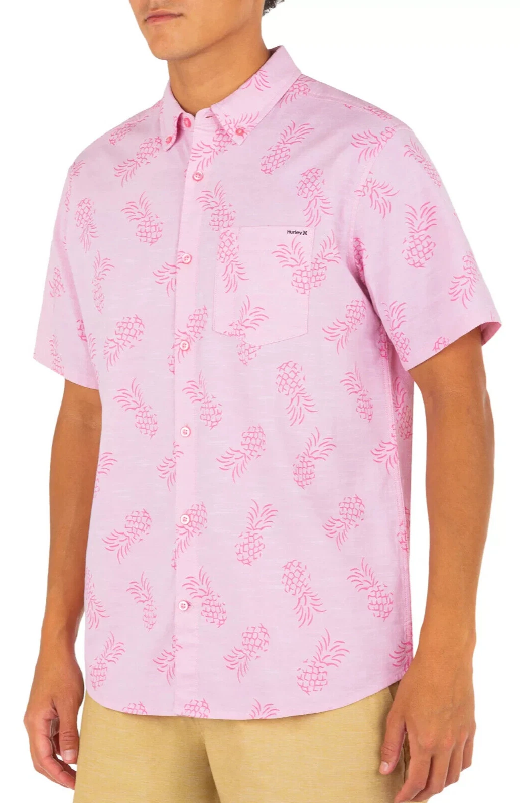 NEW Hurley One and Only Stretch Pineapple Button SS Pink Collared Shirt Men's L