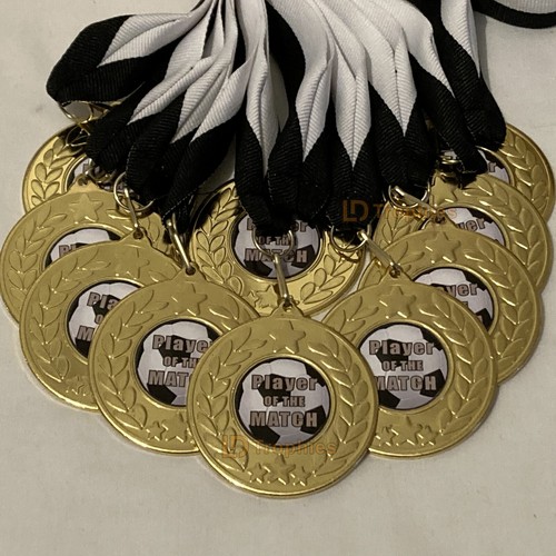 10 Player of the Match Medals with Black & White Ribbons, Gold Football
