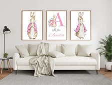 Peter Rabbit Personalised Nursery Prints, Girl Nursery Pink Wall Art, Girl Decor