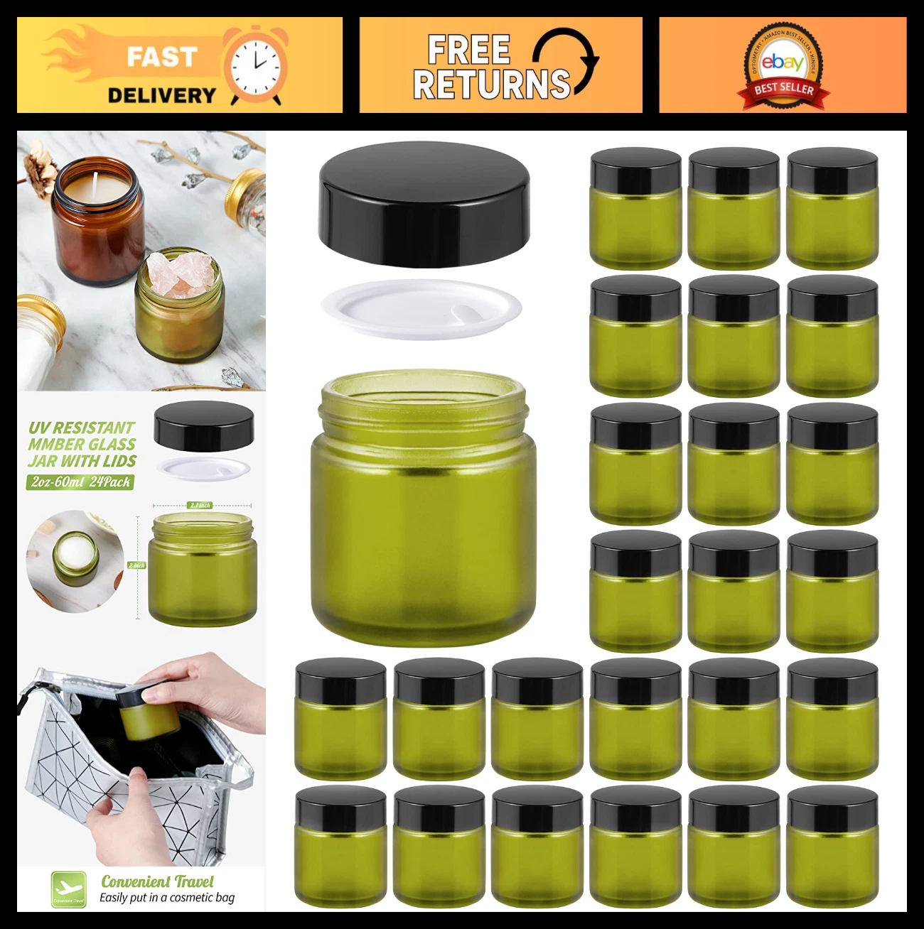 24 Pack 2oz Green Frosted Glass Jars with Lids - Airtight Cosmetic Containers fo