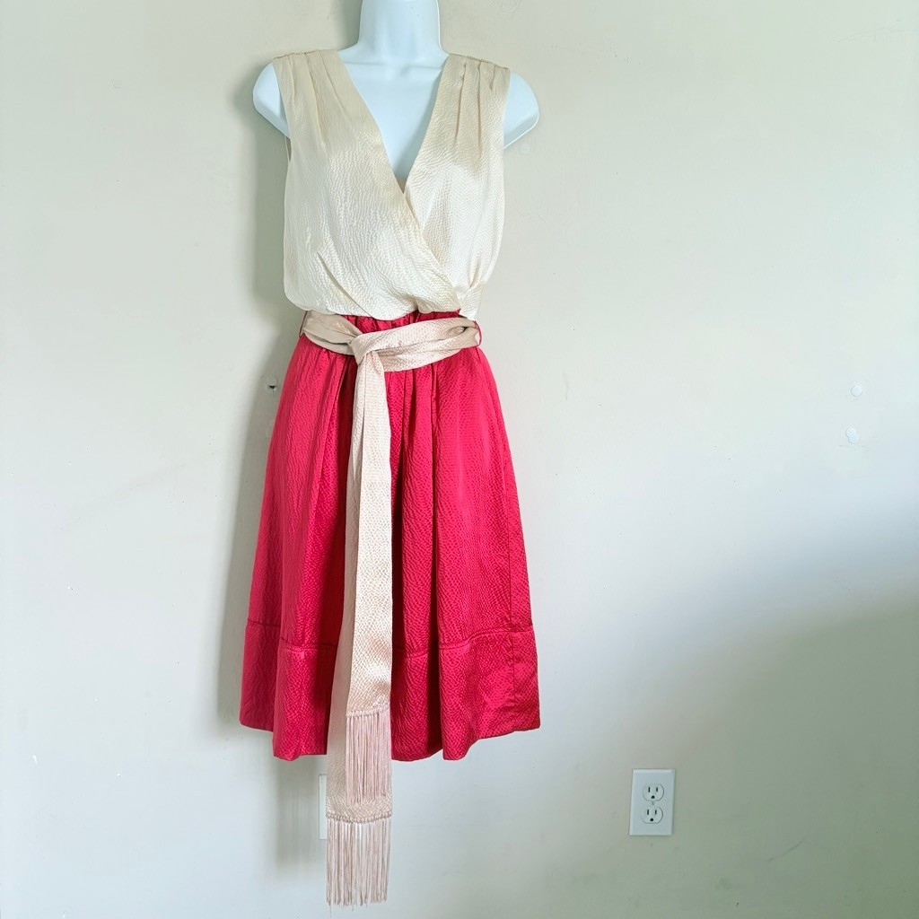 Tory Burch Darya Red & Beige 100% Silk Sleeveless Wrap Dress Size 0 thumbnail 17