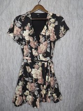 Paige Floral Wrap Dress Womens Medium Black Pink Short Sleeve Tie Waist