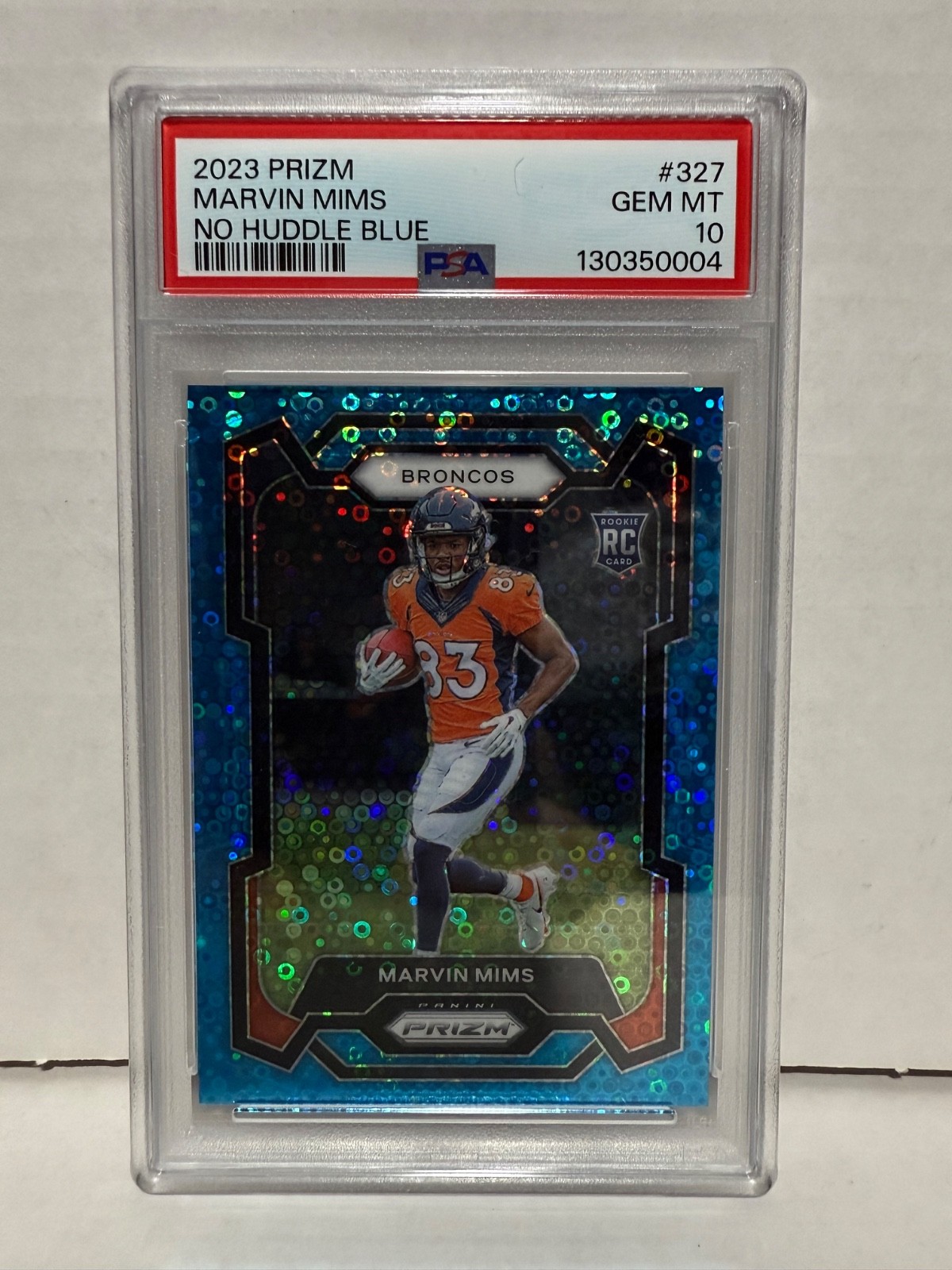 PSA 10 2023 Panini Prizm #327 Marvin Mims No Huddle Blue Prizm RC 11/95 Broncos