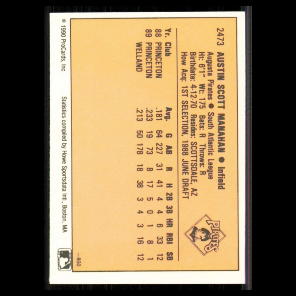 Austin Manahan #2473 1990 ProCards Augusta Pirates Baseball Card MLB NM - Image 2 of 3