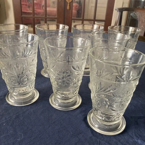 Anchor Hocking Glass SANDWICH Clear Footed Water Tumblers Set 8 Scarce