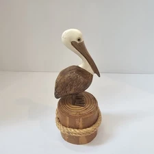Wooden Hand Carved Pelican On Piling Stump 8.5" Tall