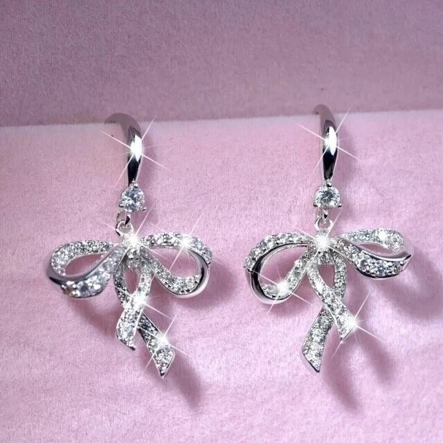 Women's Bow Drop Hook Earrings Round Cut Simulated Diamond 14k White Gold Plated - Image 2 of 4