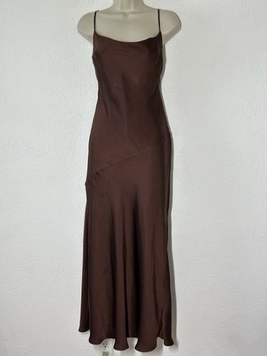 MESHKI Slip Dress Gown Brown Satin Open Back Cowl Deep V Maxi Size M Minimalist
