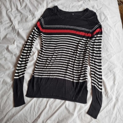 Leichter Strickpullover Langarmpullover gestreift schwarz weiß rot Größe 8 / S