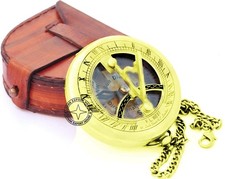 Brass Pocket Sundial Compass Camping Hiking 3 inch with Leather Box CVDF