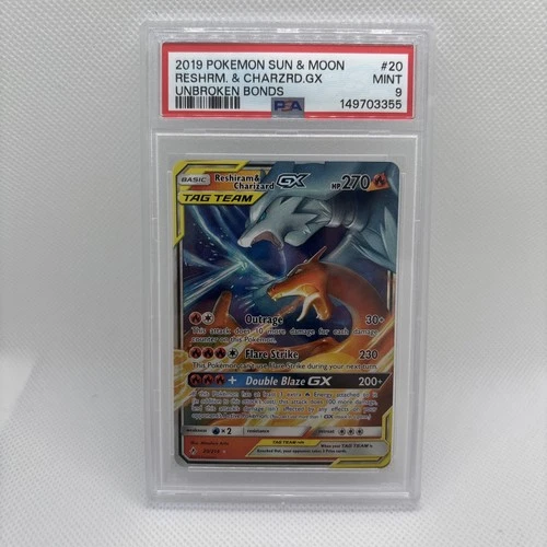 Pokémon TCG Reshiram & Charizard GX Holo Card 20/214 Unbroken Bonds PSA 9