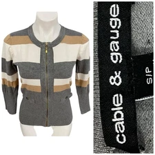 Cable & Gauge Cardigan Sweater Womens Size SP Zip Up Tan Stripe Officecore Corp