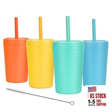 Reusable Wheat Straw Cups with Lids and Silicone Straws, 10 Oz Chip Multicolor
