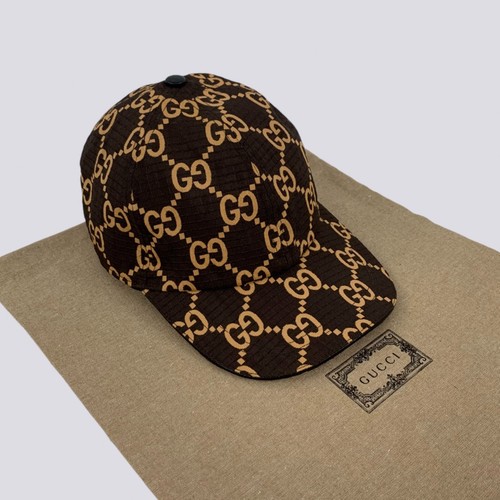 Gucci GG Monogram Logo Ripstop Recycled Polyester Baseball Cap Hat Brown Size M