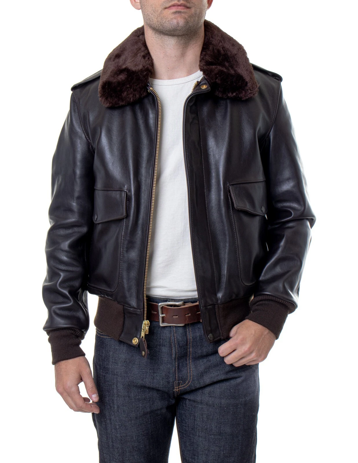 Mens Leather Flight A-2 Bomber Jacket - Real Cowhide Black/Brown Leather Jacket