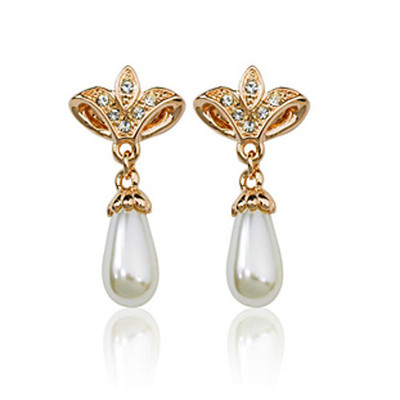  18K  ROSE GOLD PLATED GENUINE CLEAR AUSTRIAN CRYSTAL & PEARL DANGLE  EARRINGS