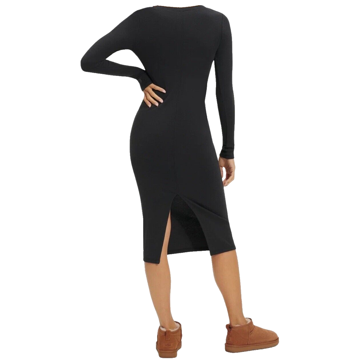 ugg classic long sleeve dress WOMENS BLACK MIDI SIZE S RIBBED BODYCON CASUAL STRETCH Mini dresses Designed for