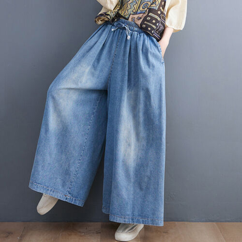 Lady Denim Culottes Jeans Loose Casual Flared Wide Leg High Waist Pants Trousers - Picture 2 of 12
