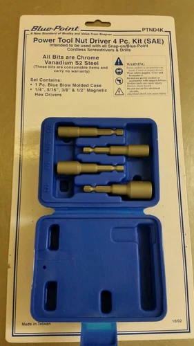 BluePoint snap on Magnetic (SAE) Power Tool Nut Driver 4 Peice PTND4K