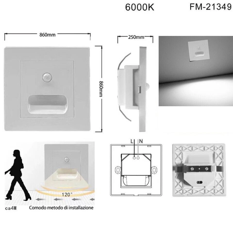 Luz Nocturna Marcador LED Cuadrado Blanco Sensor de Movimiento Luz Fría 6000K