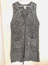 Chicos Womens Sweater 2 L 12 Pepper Vest Cardigan Black White Gray Tunic Pockets