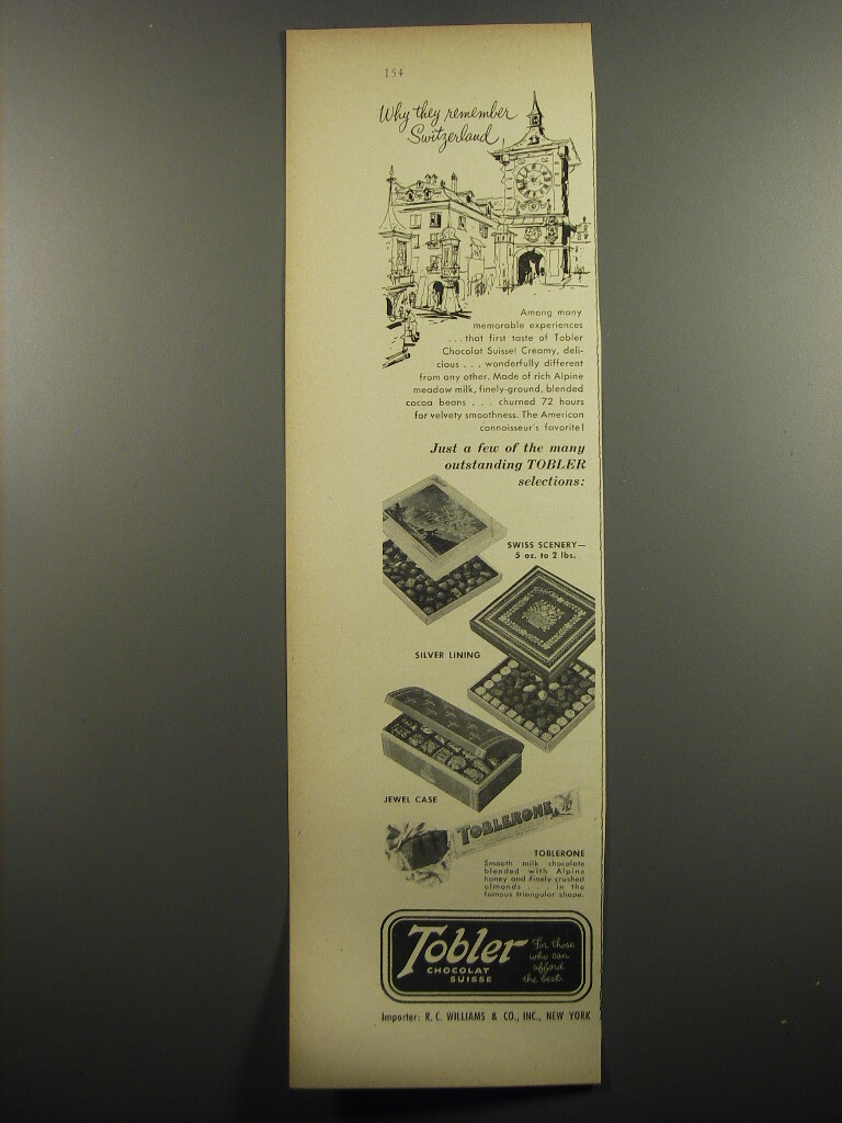 1951 Tobler Ad - Toblerone, Swiss Scenery, Silver Lining and Jewel Case Candy