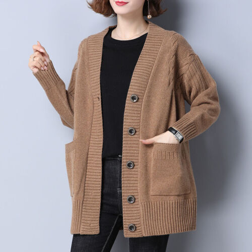 Lady Open Front Cardigan Jacket Chunky Cable Knit Button V Neck Sweater Tops