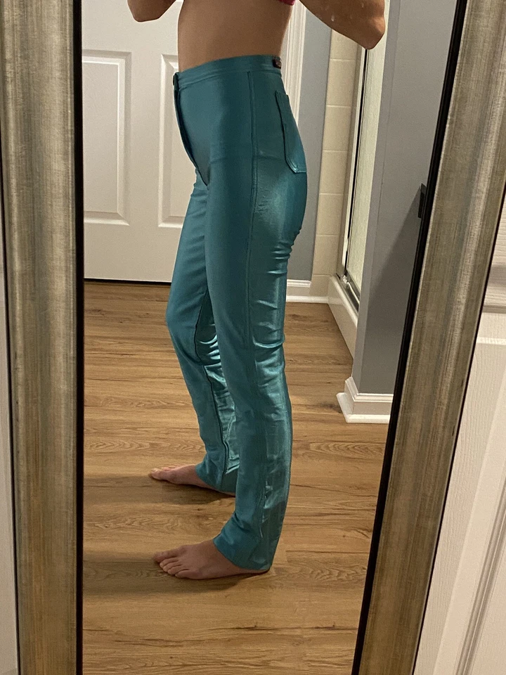 Pantalones de mezclilla vintage años 70 Lorielle verde azulado spandex discoteca talla XS - Lycra brillante RARO Foto 4 de 4
