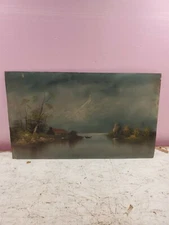Oil Painting On Board 30x18 Ocean Lake Shoreline Cottage Boat Trees Storm Clouds