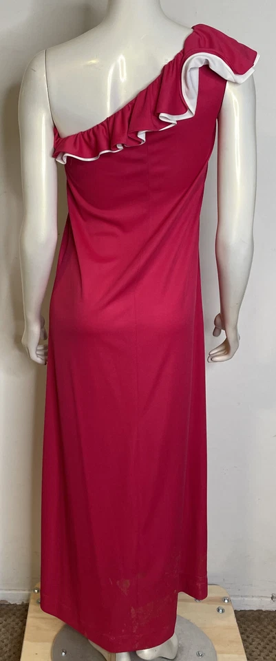 Maxi Vestido Hawaiano Vintage Alfred Shaheen 6 Un Hombro Volantes Rosa Floral Foto 2 de 4