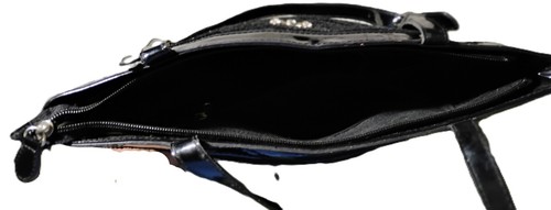 Marlo Handbag Purse Black Wooly Bands Shiny Straps 4x11x13 Full Zip - Picture 2 of 5
