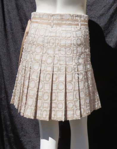 HOLT RENFREW Canada Ivory Beige Jacquard Pleated A Line Skirt US sz XS 0 Career - Picture 7 of 7