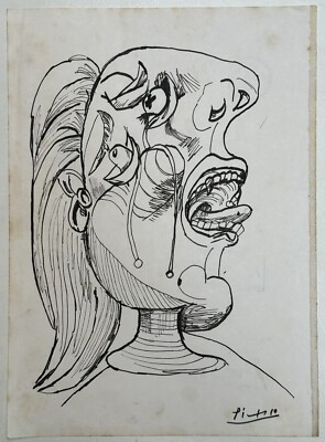 Pablo Picasso (Handmade) Drawing On Paper Signed & Stamped Mixed