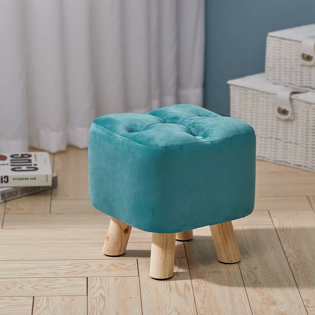 Fabric Padded Footstool Footrest Ottoman Soft Pouffe Square Stool with Wood Legs