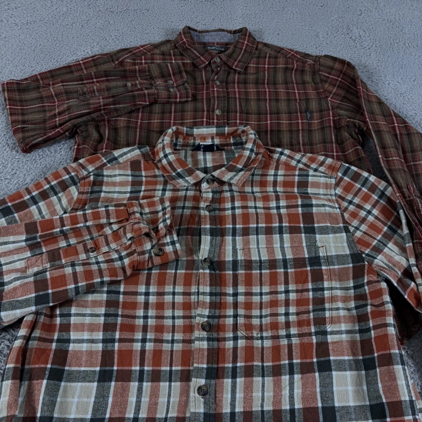 LOT OF 2 Eddie Bauer Shirt Mens Large Plaid Flannel Button Outdoor Hiking Field