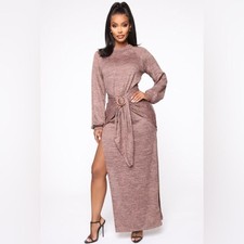 NWT Showy & Cozy Sweater Long Sleeve Tie Waist Maxi Dress Tan/Brown Size Small