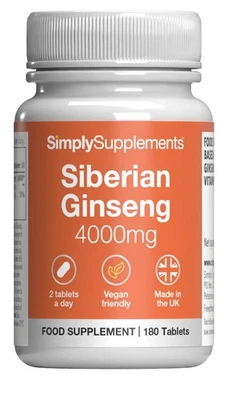 SIMPLY SUPPLEMENTS Siberian Ginseng 4000mg *180 Tablets *Supports Energy & Vitality