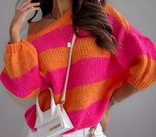 orange - pink # Oversize-Strickpullover # Gr M / 38 # gestreift # Wollpullover