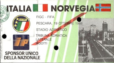 Italy Norway Football Pescara Stadium Ticket 19 October 1988