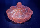 Vintage Pink Depression Glass Covered Candy Dish, Floral Pattern, Scalloped Body