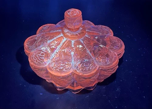 Vintage Pink Depression Glass Covered Candy Dish, Floral Pattern, Scalloped Body