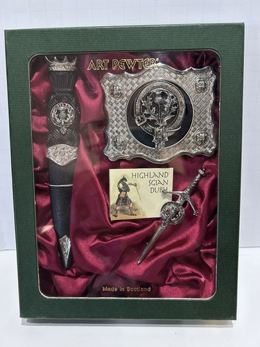 New Scottish Thistle Clan Crest Pewter Gift Set - Sgian Dubh, Kilt Pin, Buckle - Picture 1 of 14