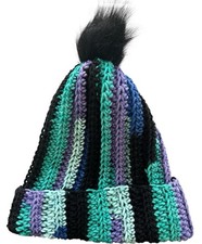 Crochet Ribbed Beanie With Faux Fur Pom Pom - Adult Size Totally Teal