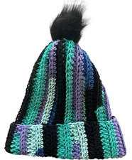 Crochet Ribbed Beanie With Faux Fur Pom Pom - Adult Size! Totally Teal